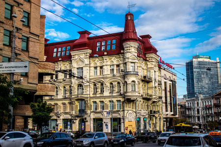 Cityscape and architecture of the city of Kyiv during the war with Russia, the historic and modern buildings of Kyiv are the target of Russian missiles and the sirens sound every dayのeditorial素材
