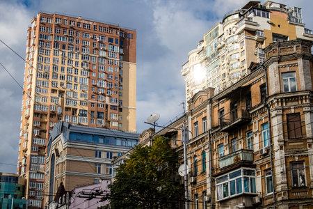 Cityscape and architecture of the city of Kyiv during the war with Russia, the historic and modern buildings of Kyiv are the target of Russian missiles and the sirens sound every dayのeditorial素材