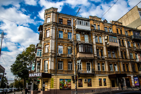 Cityscape and architecture of the city of Kyiv during the war with Russia, the historic and modern buildings of Kyiv are the target of Russian missiles and the sirens sound every dayのeditorial素材