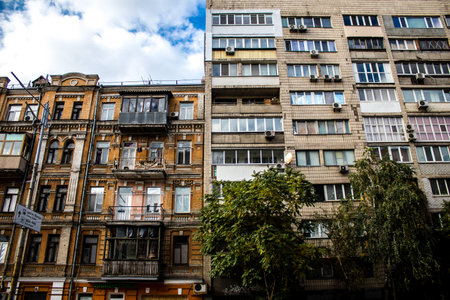 Cityscape and architecture of the city of Kyiv during the war with Russia, the historic and modern buildings of Kyiv are the target of Russian missiles and the sirens sound every dayのeditorial素材