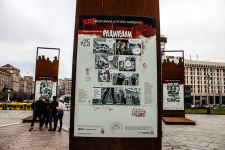 "Painted History of Maidan" art exhibition located at Maidan Nezalezhnosti in the central square of Kyiv, the capital of Ukraine. The objective of this exhibition is to highlight this place which is the symbol of the revolution with drawings made with sprのeditorial素材