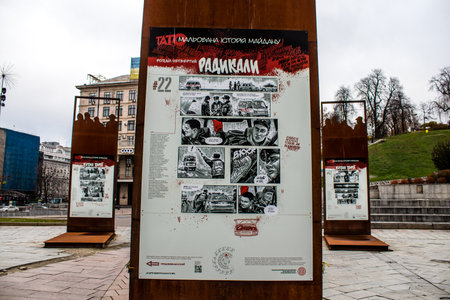 "Painted History of Maidan" art exhibition located at Maidan Nezalezhnosti in the central square of Kyiv, the capital of Ukraine. The objective of this exhibition is to highlight this place which is the symbol of the revolution with drawings made with sprのeditorial素材
