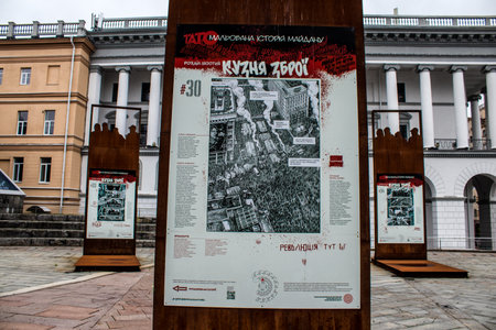 "Painted History of Maidan" art exhibition located at Maidan Nezalezhnosti in the central square of Kyiv, the capital of Ukraine. The objective of this exhibition is to highlight this place which is the symbol of the revolution with drawings made with sprのeditorial素材