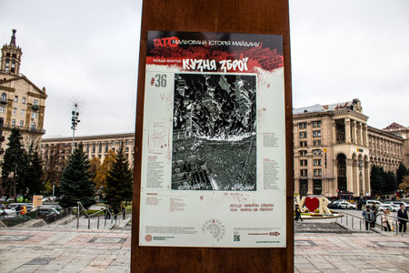 "Painted History of Maidan" art exhibition located at Maidan Nezalezhnosti in the central square of Kyiv, the capital of Ukraine. The objective of this exhibition is to highlight this place which is the symbol of the revolution with drawings made with sprのeditorial素材