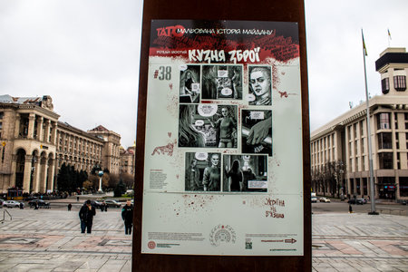 "Painted History of Maidan" art exhibition located at Maidan Nezalezhnosti in the central square of Kyiv, the capital of Ukraine. The objective of this exhibition is to highlight this place which is the symbol of the revolution with drawings made with sprのeditorial素材