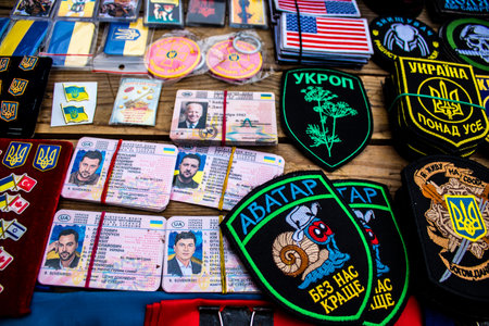 Decorative objects sold on the streets of kyiv in Ukraine, unit patches and other wartime memorabilia revolve around the military spirit and are bought by people as souvenirs on the current war against Russia. The vendors, who have sold trinkets on their のeditorial素材