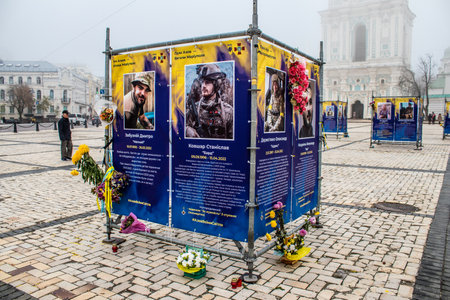 The Azov Regiment, Angels of Mariupol street exhibition in Kyiv, capital of Ukraine. The exhibition is dedicated to the defenders from Azov Unit, who gave their lives defending Mariupol from Russian invaders. It consists of information boards that containのeditorial素材