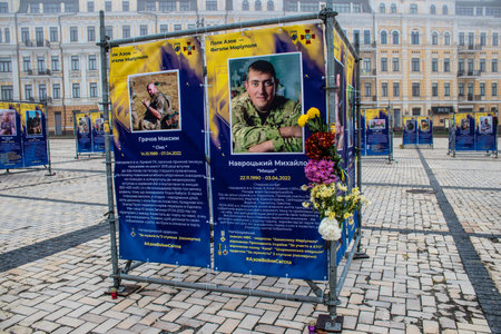 The Azov Regiment, Angels of Mariupol street exhibition in Kyiv, capital of Ukraine. The exhibition is dedicated to the defenders from Azov Unit, who gave their lives defending Mariupol from Russian invaders. It consists of information boards that containのeditorial素材
