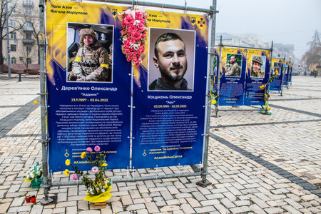 The Azov Regiment, Angels of Mariupol street exhibition in Kyiv, capital of Ukraine. The exhibition is dedicated to the defenders from Azov Unit, who gave their lives defending Mariupol from Russian invaders. It consists of information boards that containのeditorial素材