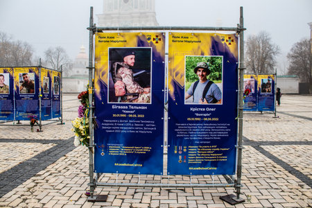 The Azov Regiment, Angels of Mariupol street exhibition in Kyiv, capital of Ukraine. The exhibition is dedicated to the defenders from Azov Unit, who gave their lives defending Mariupol from Russian invaders. It consists of information boards that containのeditorial素材