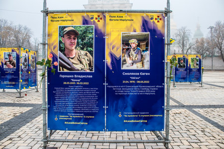 The Azov Regiment, Angels of Mariupol street exhibition in Kyiv, capital of Ukraine. The exhibition is dedicated to the defenders from Azov Unit, who gave their lives defending Mariupol from Russian invaders. It consists of information boards that containのeditorial素材