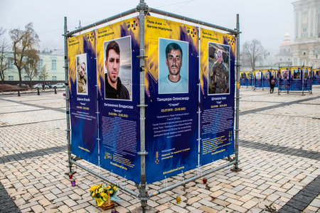 The Azov Regiment, Angels of Mariupol street exhibition in Kyiv, capital of Ukraine. The exhibition is dedicated to the defenders from Azov Unit, who gave their lives defending Mariupol from Russian invaders. It consists of information boards that containのeditorial素材