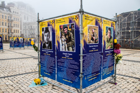 The Azov Regiment, Angels of Mariupol street exhibition in Kyiv, capital of Ukraine. The exhibition is dedicated to the defenders from Azov Unit, who gave their lives defending Mariupol from Russian invaders. It consists of information boards that containのeditorial素材