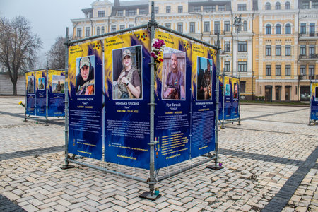 The Azov Regiment, Angels of Mariupol street exhibition in Kyiv, capital of Ukraine. The exhibition is dedicated to the defenders from Azov Unit, who gave their lives defending Mariupol from Russian invaders. It consists of information boards that containのeditorial素材