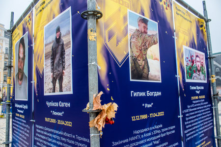 The Azov Regiment, Angels of Mariupol street exhibition in Kyiv, capital of Ukraine. The exhibition is dedicated to the defenders from Azov Unit, who gave their lives defending Mariupol from Russian invaders. It consists of information boards that containのeditorial素材