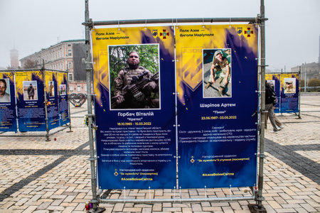 The Azov Regiment, Angels of Mariupol street exhibition in Kyiv, capital of Ukraine. The exhibition is dedicated to the defenders from Azov Unit, who gave their lives defending Mariupol from Russian invaders. It consists of information boards that containのeditorial素材
