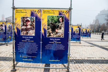 The Azov Regiment, Angels of Mariupol street exhibition in Kyiv, capital of Ukraine. The exhibition is dedicated to the defenders from Azov Unit, who gave their lives defending Mariupol from Russian invaders. It consists of information boards that containのeditorial素材