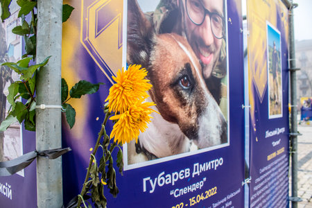 The Azov Regiment, Angels of Mariupol street exhibition in Kyiv, capital of Ukraine. The exhibition is dedicated to the defenders from Azov Unit, who gave their lives defending Mariupol from Russian invaders. It consists of information boards that containのeditorial素材