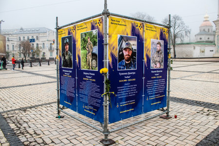 The Azov Regiment, Angels of Mariupol street exhibition in Kyiv, capital of Ukraine. The exhibition is dedicated to the defenders from Azov Unit, who gave their lives defending Mariupol from Russian invaders. It consists of information boards that containのeditorial素材