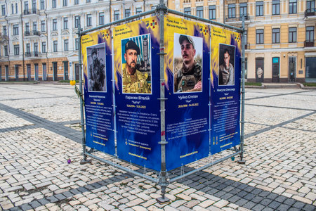 The Azov Regiment, Angels of Mariupol street exhibition in Kyiv, capital of Ukraine. The exhibition is dedicated to the defenders from Azov Unit, who gave their lives defending Mariupol from Russian invaders. It consists of information boards that containのeditorial素材