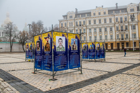 The Azov Regiment, Angels of Mariupol street exhibition in Kyiv, capital of Ukraine. The exhibition is dedicated to the defenders from Azov Unit, who gave their lives defending Mariupol from Russian invaders. It consists of information boards that containのeditorial素材