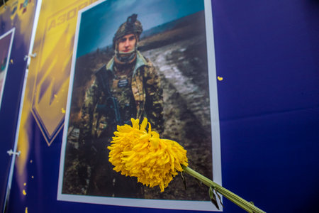 The Azov Regiment, Angels of Mariupol street exhibition in Kyiv, capital of Ukraine. The exhibition is dedicated to the defenders from Azov Unit, who gave their lives defending Mariupol from Russian invaders. It consists of information boards that containのeditorial素材