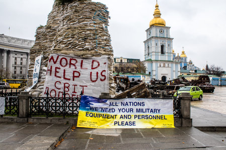Propaganda and support poster for the Ukrainian army in the streets of kyiv, capital of Ukraine. The government and the artists try to motivate the population to engage in the war against Russia and where to support the war effortのeditorial素材