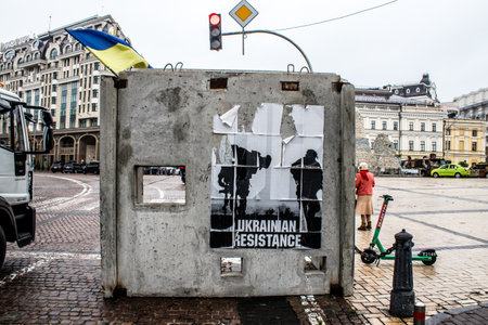 Propaganda and support poster for the Ukrainian army in the streets of kyiv, capital of Ukraine. The government and the artists try to motivate the population to engage in the war against Russia and where to support the war effortのeditorial素材