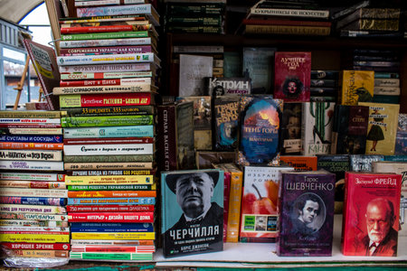 Book market Petrivka located in Kyiv, Ukraine. Famous for its great range of books. Sprawling open air market with stalls selling secondhand books. Despite the war and the fact that there are no tourists, this place remains very popular for locals who visのeditorial素材