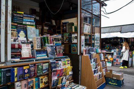 Book market Petrivka located in Kyiv, Ukraine. Famous for its great range of books. Sprawling open air market with stalls selling secondhand books. Despite the war and the fact that there are no tourists, this place remains very popular for locals who visのeditorial素材