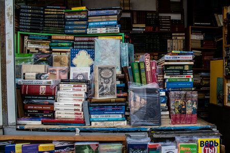 Book market Petrivka located in Kyiv, Ukraine. Famous for its great range of books. Sprawling open air market with stalls selling secondhand books. Despite the war and the fact that there are no tourists, this place remains very popular for locals who visのeditorial素材