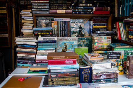 Book market Petrivka located in Kyiv, Ukraine. Famous for its great range of books. Sprawling open air market with stalls selling secondhand books. Despite the war and the fact that there are no tourists, this place remains very popular for locals who visのeditorial素材