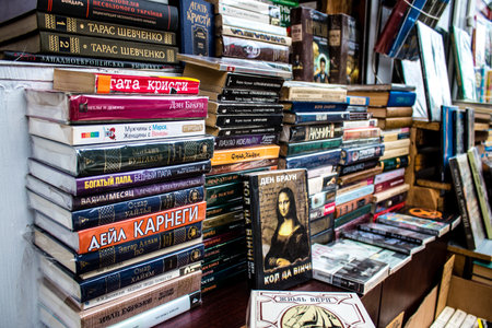 Book market Petrivka located in Kyiv, Ukraine. Famous for its great range of books. Sprawling open air market with stalls selling secondhand books. Despite the war and the fact that there are no tourists, this place remains very popular for locals who visのeditorial素材