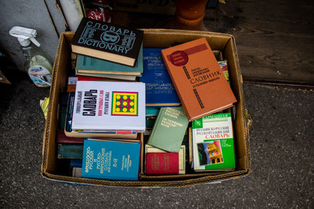 Book market Petrivka located in Kyiv, Ukraine. Famous for its great range of books. Sprawling open air market with stalls selling secondhand books. Despite the war and the fact that there are no tourists, this place remains very popular for locals who visのeditorial素材