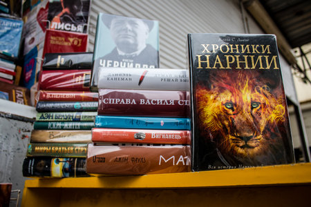 Book market Petrivka located in Kyiv, Ukraine. Famous for its great range of books. Sprawling open air market with stalls selling secondhand books. Despite the war and the fact that there are no tourists, this place remains very popular for locals who visのeditorial素材