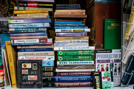 Book market Petrivka located in Kyiv, Ukraine. Famous for its great range of books. Sprawling open air market with stalls selling secondhand books. Despite the war and the fact that there are no tourists, this place remains very popular for locals who visのeditorial素材
