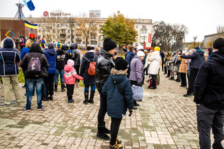 Citizens of Kherson celebrate the liberation of the city on Freedom Square in the city center. Russian troops left Kherson after a nine-month occupation and a counter offensive by the Ukrainian army.のeditorial素材