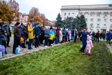 Citizens of Kherson celebrate the liberation of the city on Freedom Square in the city center. Russian troops left Kherson after a nine-month occupation and a counter offensive by the Ukrainian army.のeditorial素材