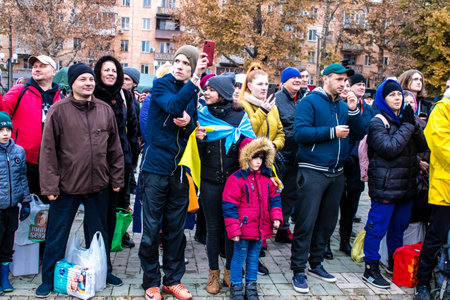 Citizens of Kherson celebrate the liberation of the city on Freedom Square in the city center. Russian troops left Kherson after a nine-month occupation and a counter offensive by the Ukrainian army.のeditorial素材