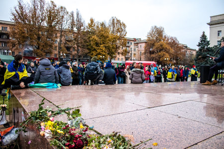 Citizens of Kherson celebrate the liberation of the city on Freedom Square in the city center. Russian troops left Kherson after a nine-month occupation and a counter offensive by the Ukrainian army.のeditorial素材