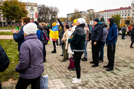 Citizens of Kherson celebrate the liberation of the city on Freedom Square in the city center. Russian troops left Kherson after a nine-month occupation and a counter offensive by the Ukrainian army.のeditorial素材