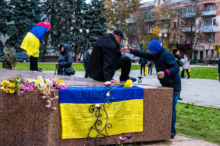 Citizens of Kherson celebrate the liberation of the city on Freedom Square in the city center. Russian troops left Kherson after a nine-month occupation and a counter offensive by the Ukrainian army.のeditorial素材