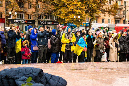 Citizens of Kherson celebrate the liberation of the city on Freedom Square in the city center. Russian troops left Kherson after a nine-month occupation and a counter offensive by the Ukrainian army.のeditorial素材