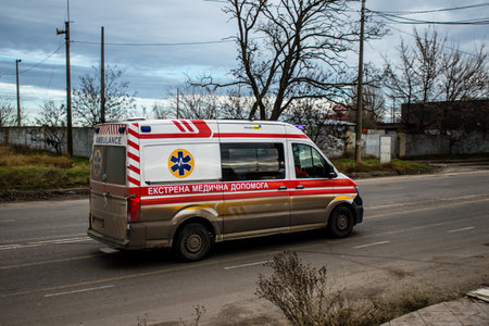 Ambulance driving in the streets of Kherson after the liberation of the city by the Ukrainian army....