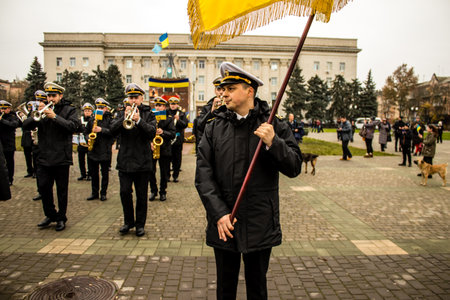The Ukrainian Navy Band march through the streets of Kherson to celebrate the liberation of the city. Russian troops left Kherson after a nine-month occupationのeditorial素材