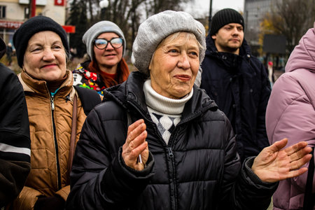 Citizens of Kherson celebrate the liberation of the city on Freedom Square in the city center. Russian troops left Kherson after a nine-month occupationのeditorial素材