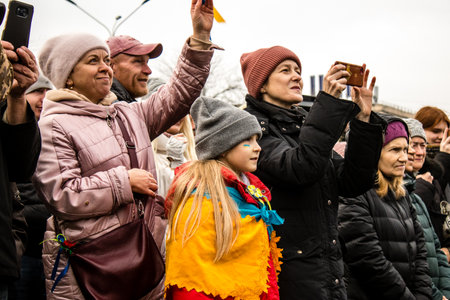 Citizens of Kherson celebrate the liberation of the city on Freedom Square in the city center. Russian troops left Kherson after a nine-month occupationのeditorial素材