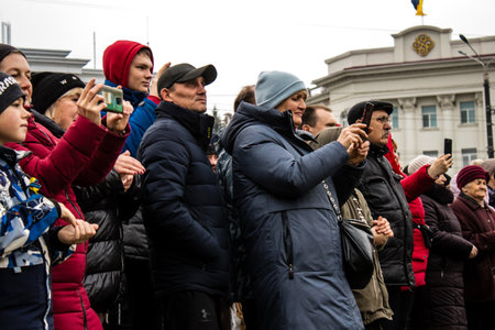 Citizens of Kherson celebrate the liberation of the city on Freedom Square in the city center. Russian troops left Kherson after a nine-month occupationのeditorial素材