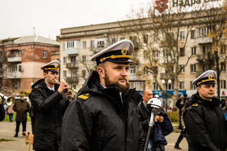 The Ukrainian Navy Band march through the streets of Kherson to celebrate the liberation of the city. Russian troops left Kherson after a nine-month occupationのeditorial素材