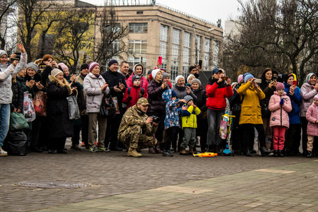 Citizens of Kherson celebrate the liberation of the city on Freedom Square in the city center. Russian troops left Kherson after a nine-month occupationのeditorial素材